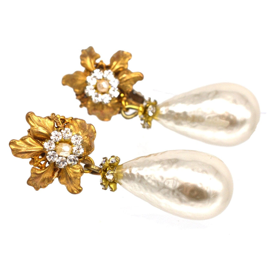 1960s Miriam Haskell faux pearl earrings with gold leaves and rhinestones, vintage costume jewelry collectible.