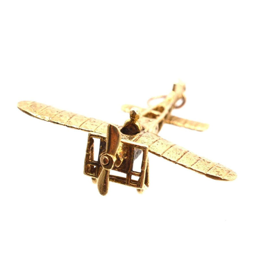 9ct gold vintage Aerolane plane pendant, 1970s charm with spinning propeller and exquisite detailing.