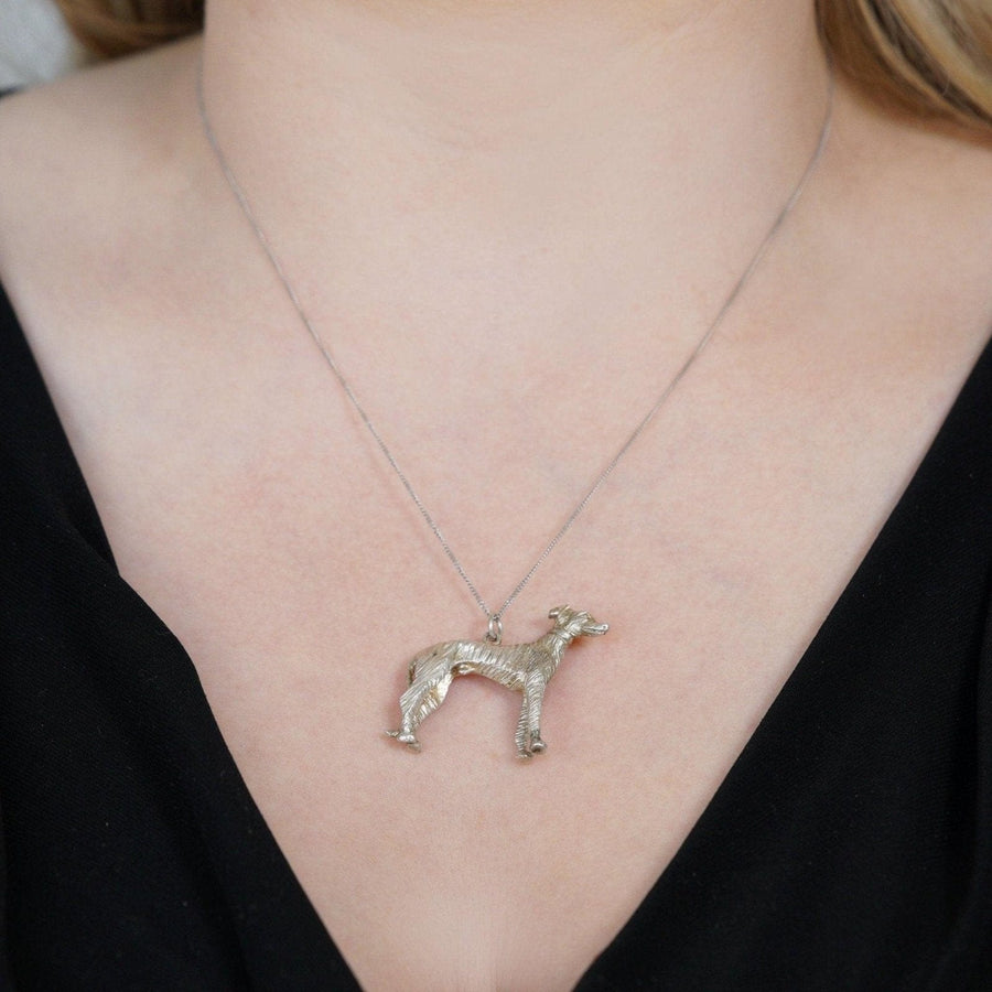 1970s solid silver dog pendant necklace featuring a whippet design, perfect gift for dog lovers.