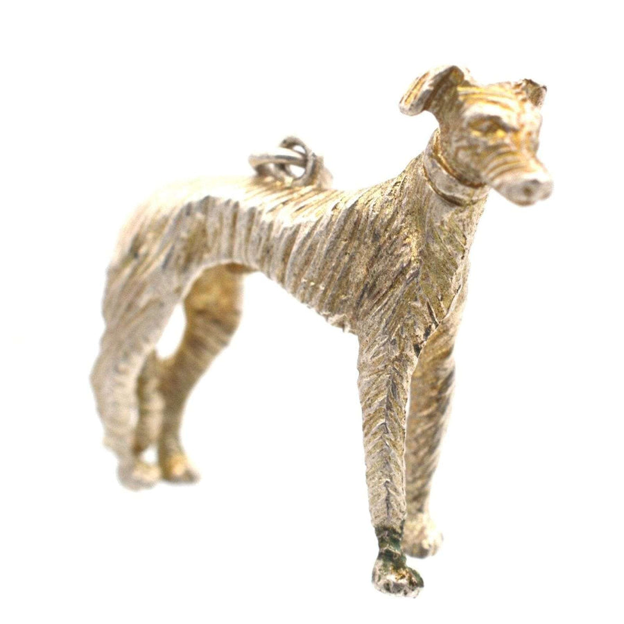 1970s silver dog pendant featuring a detailed greyhound design, perfect gift for dog lovers.