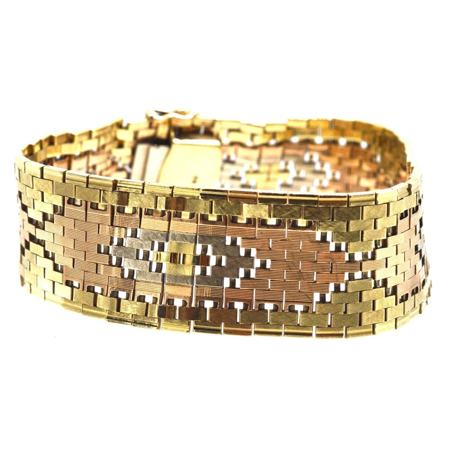 1970s three colour 9ct gold weave bracelet with a geometric design, suitable for men and women.