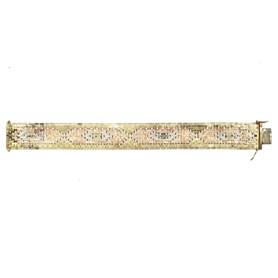1970s three colour 9ct gold weave bracelet with geometric design, suitable for men and women.