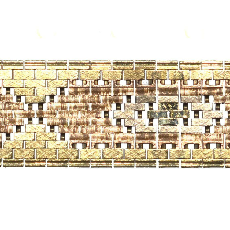 1970s three colour 9ct gold weave bracelet showcasing intricate geometric design, perfect for any gender.