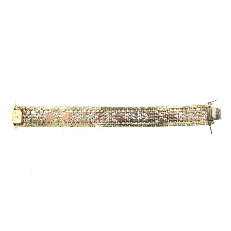 1970s three colour 9ct gold weave bracelet, showcasing a geometric design, unisex vintage jewelry.