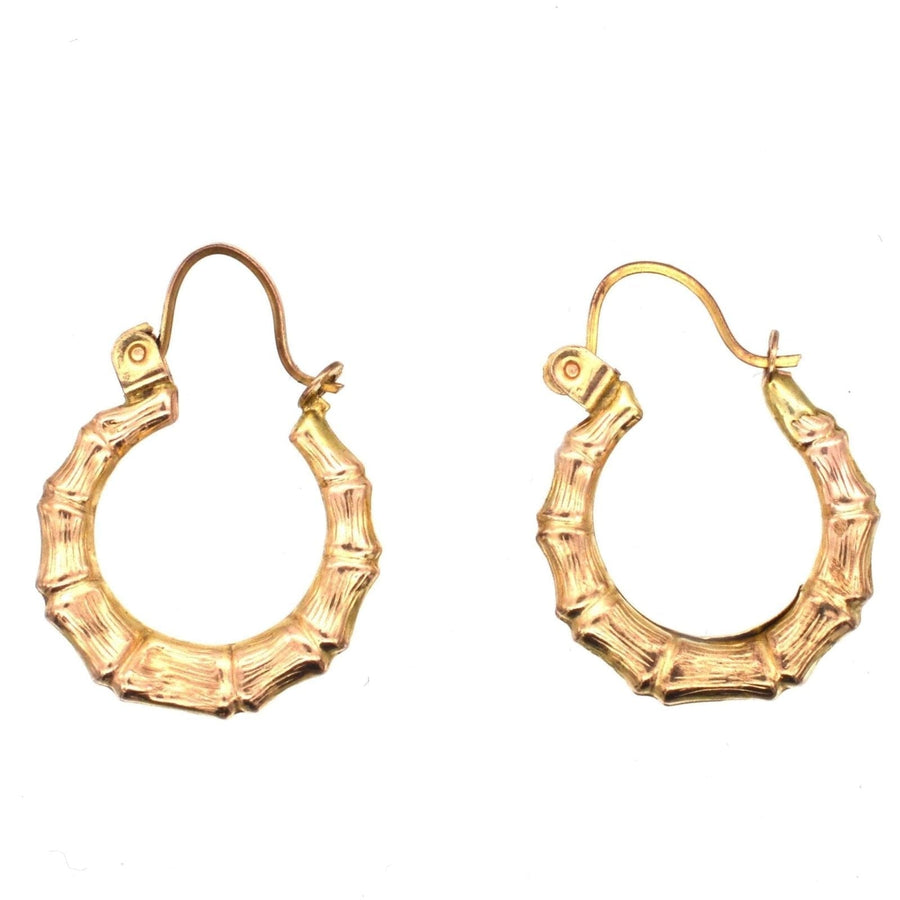 1990s vintage 9ct gold hoop earrings with bamboo texture, light and comfortable for everyday wear.