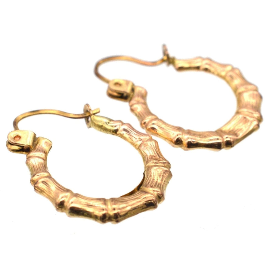 1990s vintage 9ct gold hoop earrings with bamboo texture, comfortable for everyday wear, likely of European origin.
