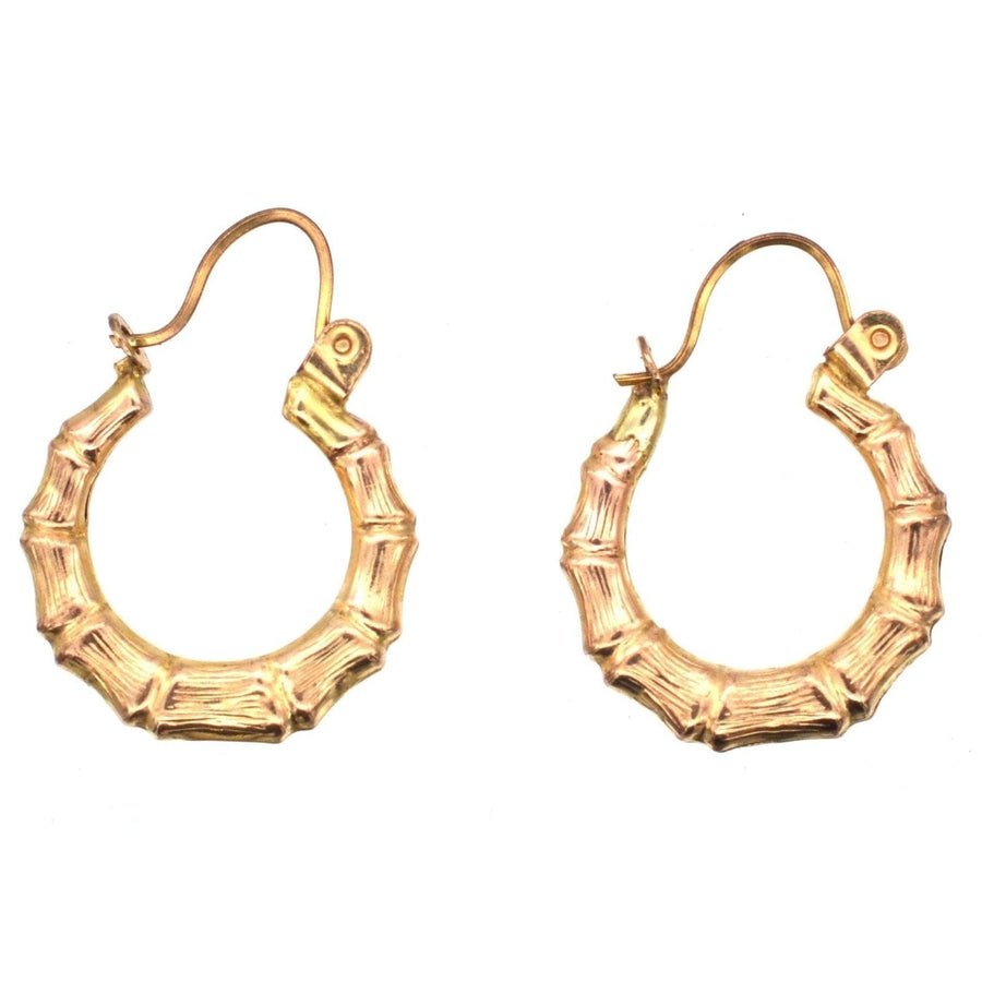 1990s vintage 9ct gold hoop earrings with bamboo texture, lightweight and comfortable for everyday wear.