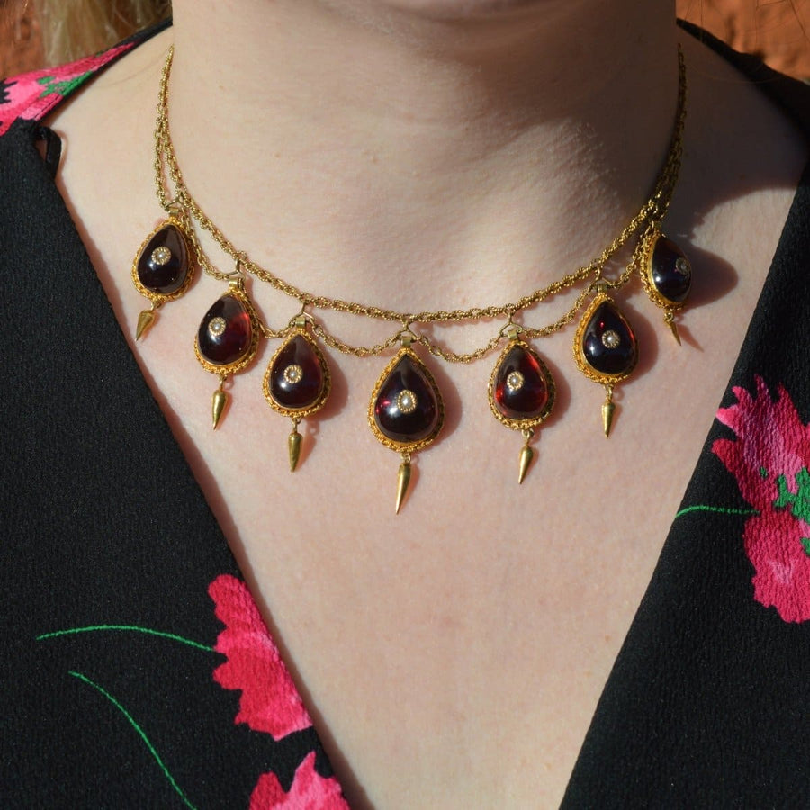 19th Century 15ct Gold, Cabochon Garnet and Seed Pearl Swag Chain Necklace | Parkin and Gerrish | Antique & Vintage Jewellery