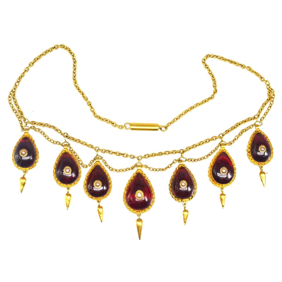 19th Century 15ct Gold, Cabochon Garnet and Seed Pearl Swag Chain Necklace | Parkin and Gerrish | Antique & Vintage Jewellery