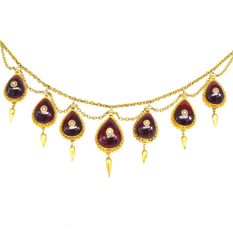 19th Century 15ct Gold, Cabochon Garnet and Seed Pearl Swag Chain Necklace | Parkin and Gerrish | Antique & Vintage Jewellery