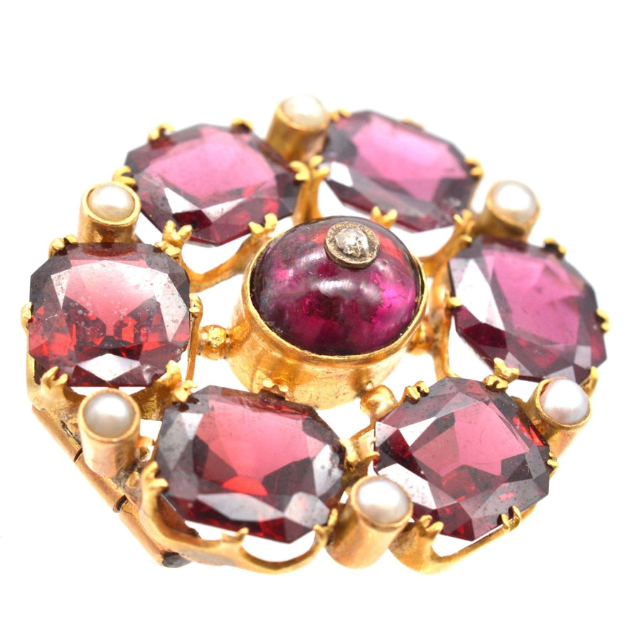 19th century 18ct gold brooch featuring garnets, pearls, and a diamond, perfect for garnet lovers and January birthdays.