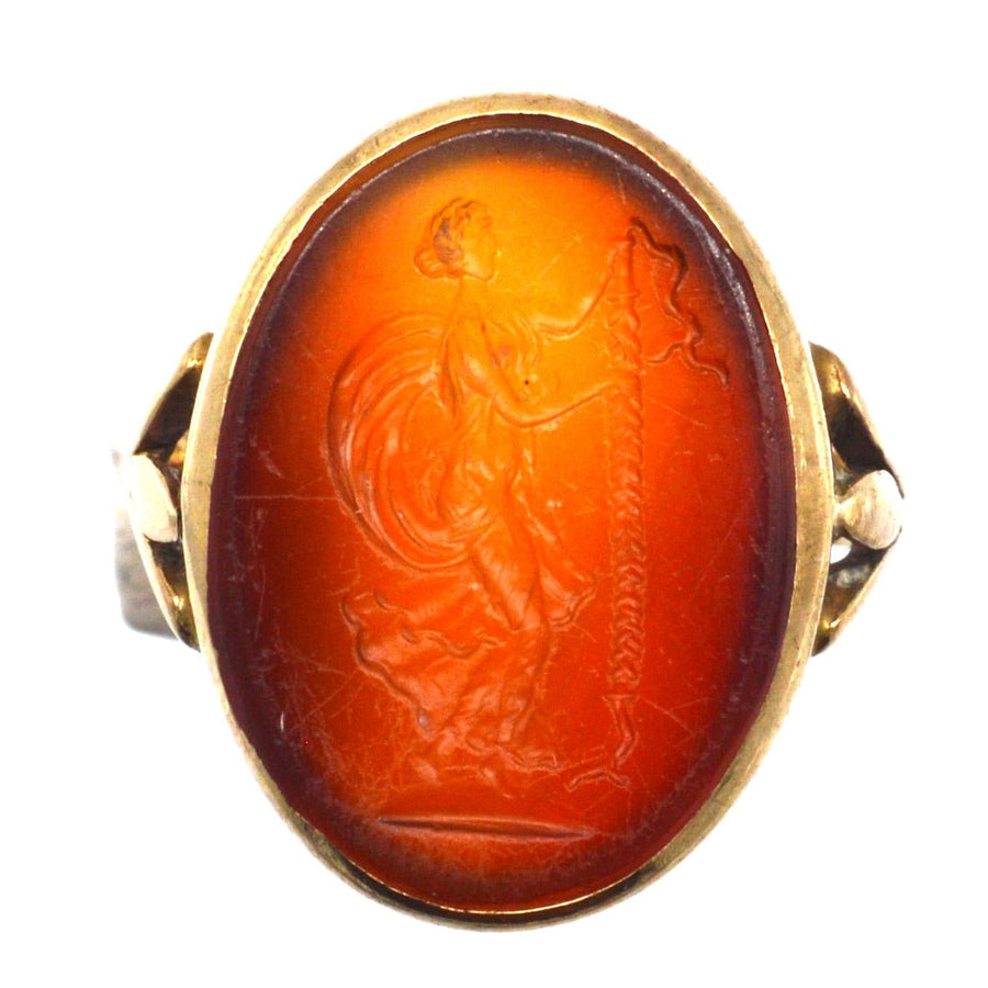19th Century 9ct Gold Carnelian Ring featuring intaglio of Goddess Nike symbolizing victory.