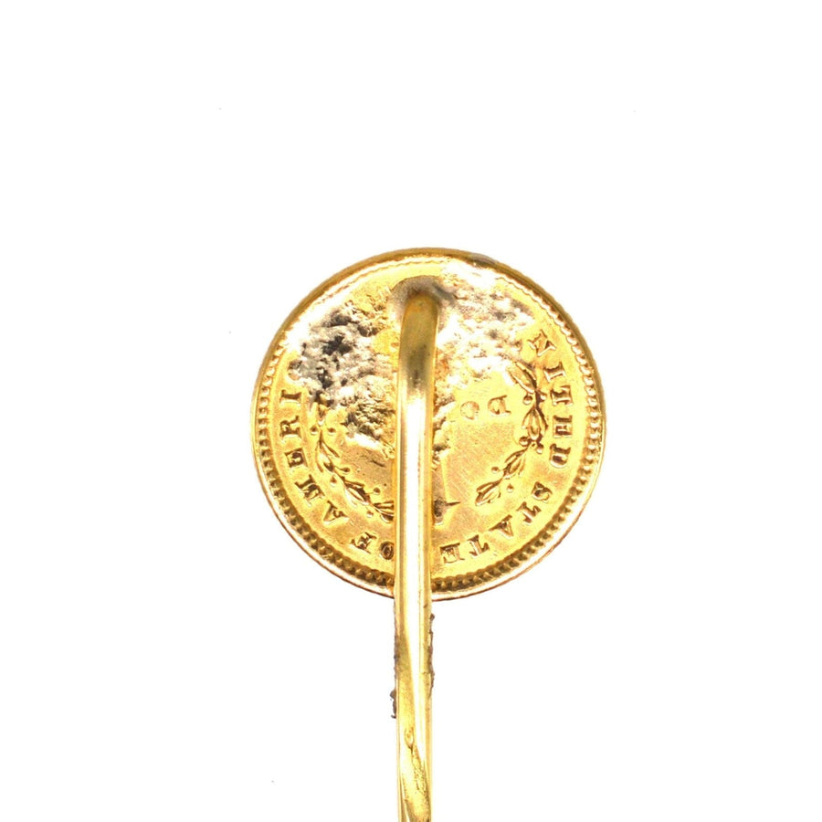 19th Century American Gold $1 Liberty Head coin tie pin, perfect accessory for silk ties and lapels.
