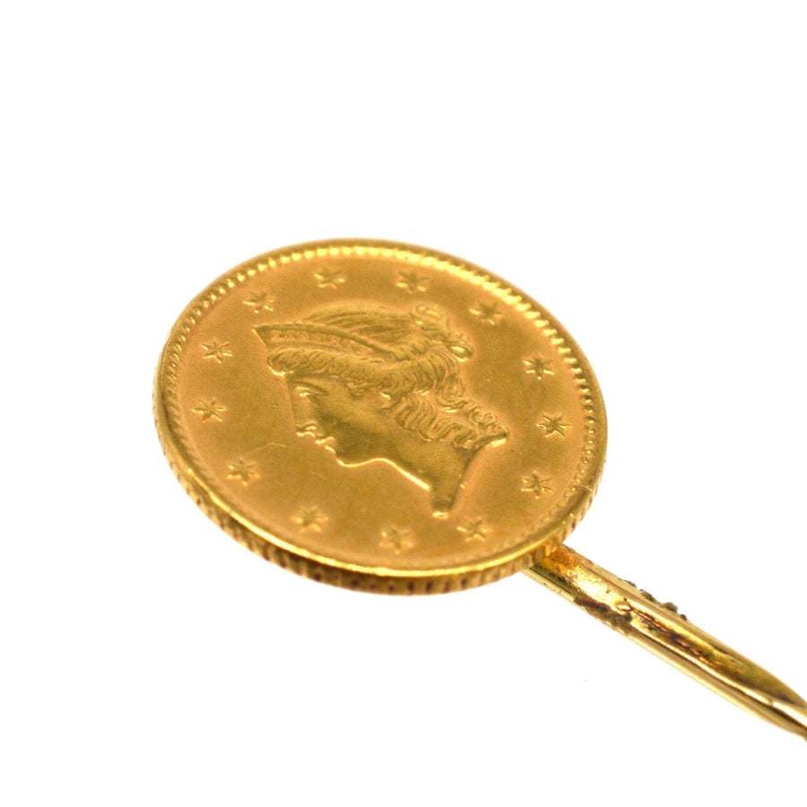 19th Century American Gold $1 Coin with Liberty Head on tie pin for elegant attire.
