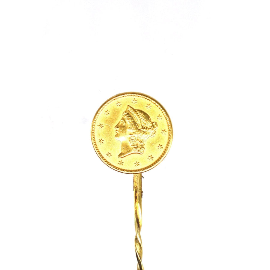 19th century American gold $1 Liberty Head coin tie pin, perfect for silk ties and lapels, featuring iconic Liberty head design.