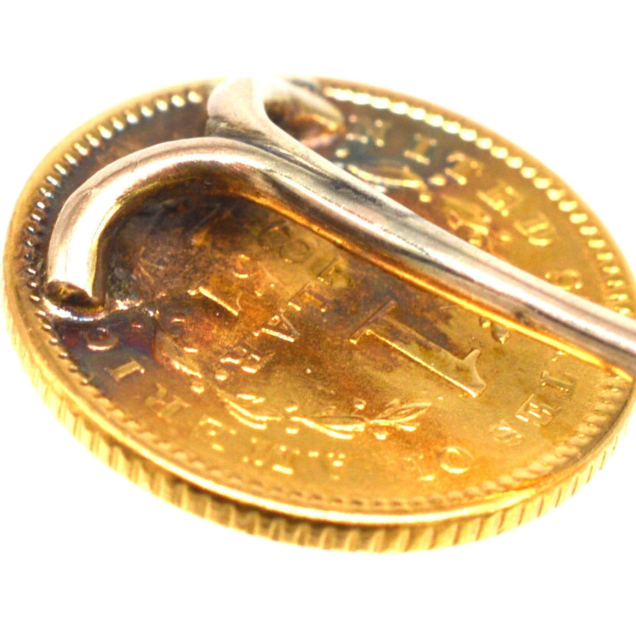 19th Century American Gold $1 Liberty Head Coin Tie Pin close-up, showing craftsmanship and elegant design.