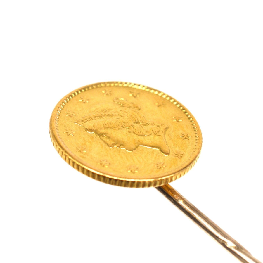 19th century American gold $1 coin with Liberty Head tie pin, ideal for silk ties or lapels.