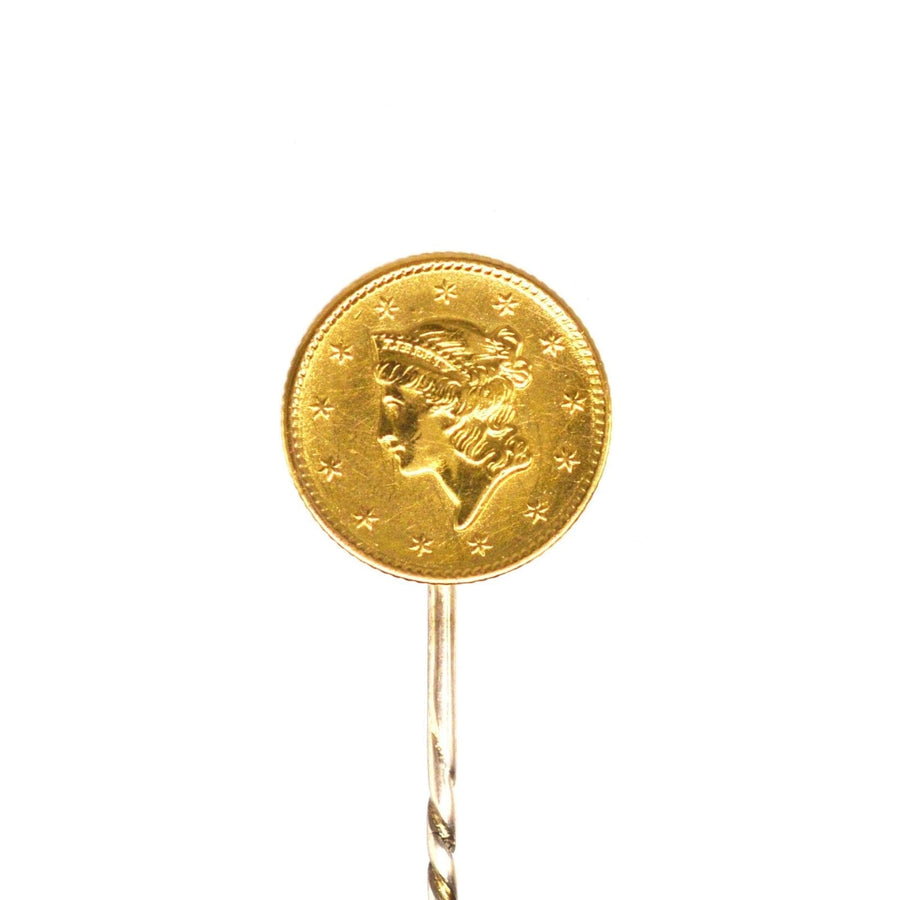 19th Century American Gold 1851 $1 Coin Liberty Head Tie Pin, ideal for silk ties or lapels.