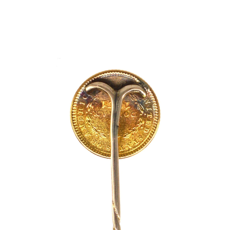 19th Century American Gold $1 Liberty Head Tie Pin, showcasing intricate design and elegant craftsmanship.