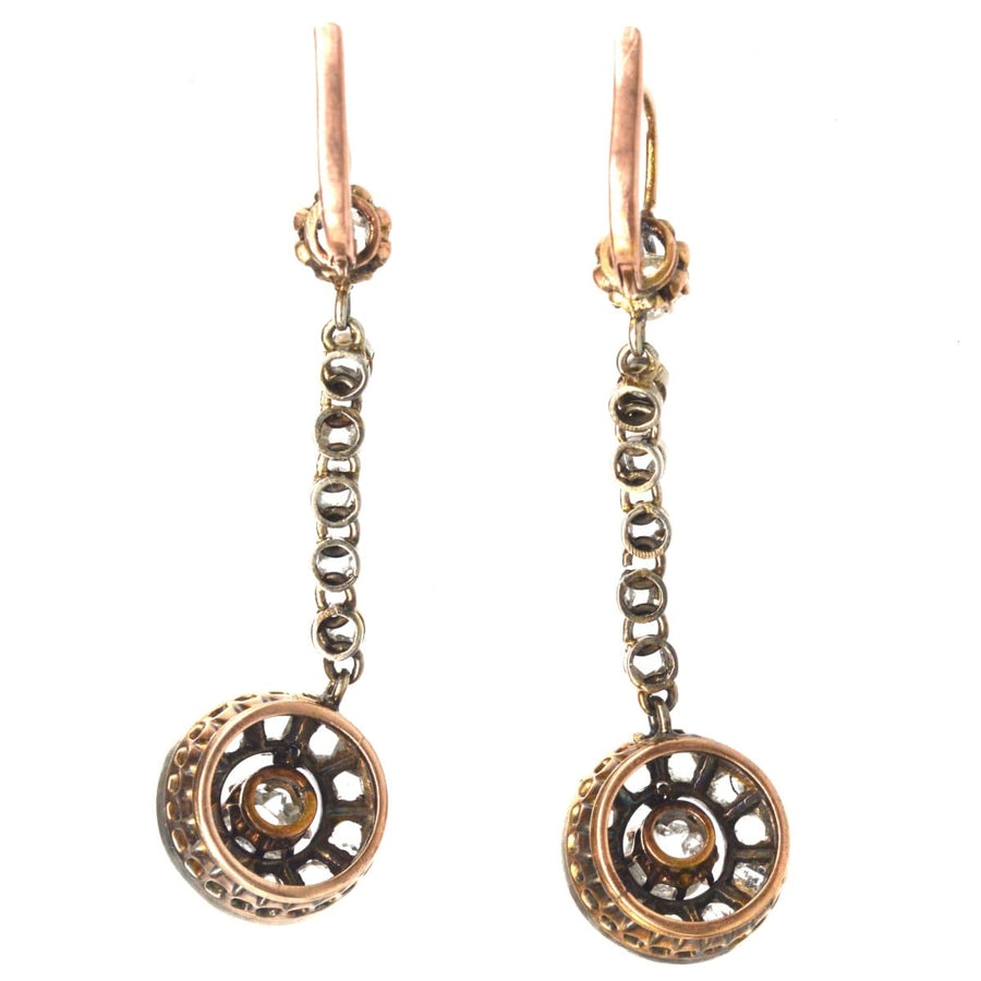 19th Century 18ct Gold Long Drop Earrings with Rose Cut Diamonds and Elegant Design