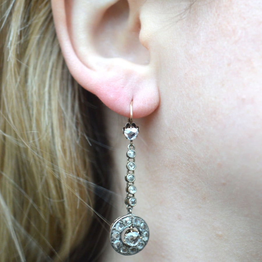 19th century French long drop earrings featuring rose cut diamonds in 18ct gold setting.