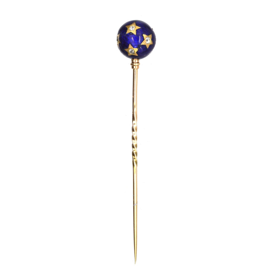 18ct gold tie pin featuring royal blue enamel and diamond stars, vintage 19th century design.