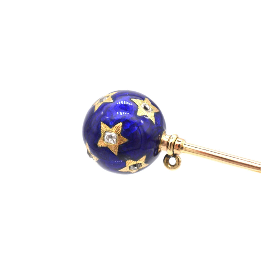 18ct gold tie pin with royal blue enamel and diamond-studded stars, 19th century vintage style.