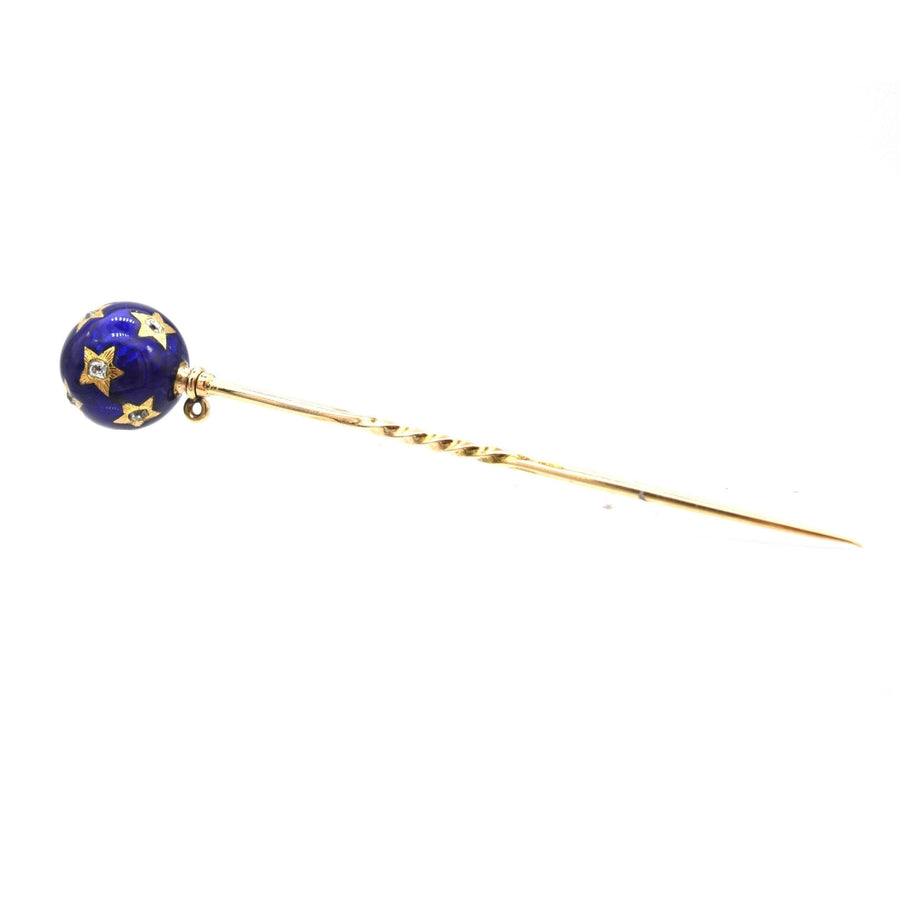 18ct gold tie pin with royal blue enamel and diamond stars, inspired by 19th century French fashion.