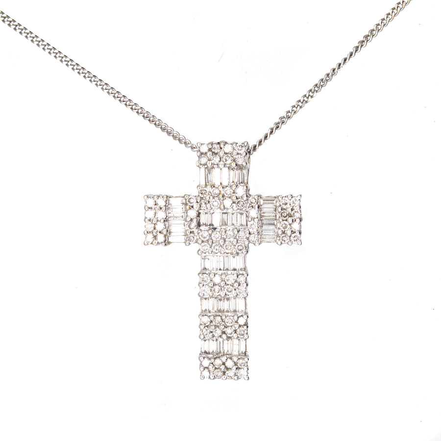 Vintage 1990s 18ct White Gold & 3 Carat Diamond Cross Pendant