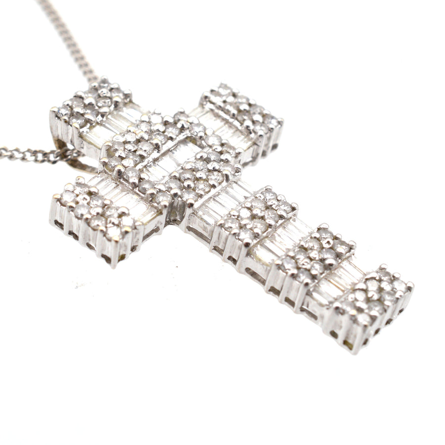 Vintage 1990s 18ct White Gold & 3 Carat Diamond Cross Pendant