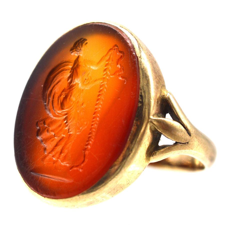 19th Century 9ct Gold Carnelian Ring with Intaglio of Goddess Nike