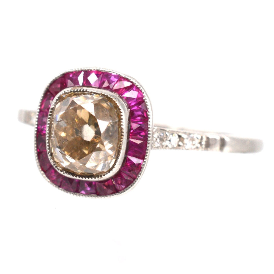 American Art Deco Platinum 1.3 Carat Champagne Old Mine Cut Diamond and Ruby Target Ring | Parkin and Gerrish | Antique & Vintage Jewellery