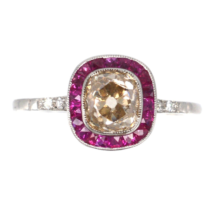 American Art Deco Platinum 1.3 Carat Champagne Old Mine Cut Diamond and Ruby Target Ring | Parkin and Gerrish | Antique & Vintage Jewellery