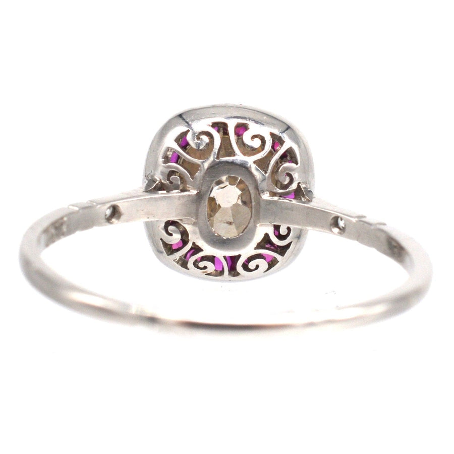 American Art Deco Platinum 1.3 Carat Champagne Old Mine Cut Diamond and Ruby Target Ring | Parkin and Gerrish | Antique & Vintage Jewellery