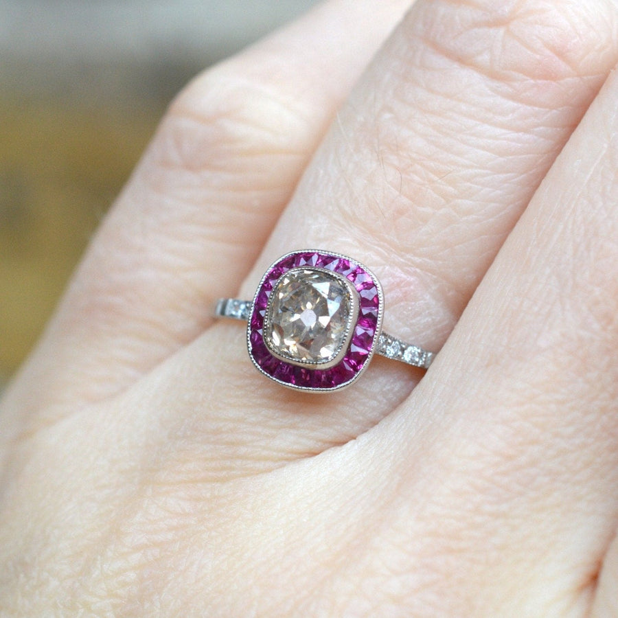 American Art Deco Platinum 1.3 Carat Champagne Old Mine Cut Diamond and Ruby Target Ring | Parkin and Gerrish | Antique & Vintage Jewellery