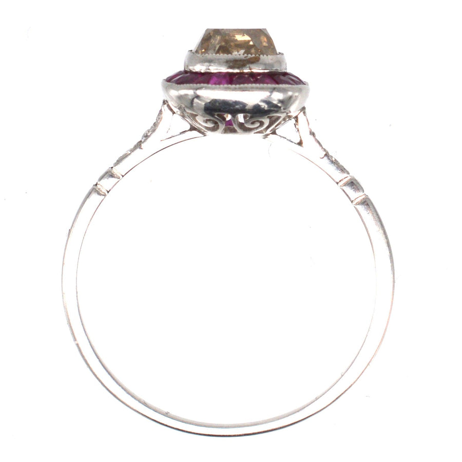 American Art Deco Platinum 1.3 Carat Champagne Old Mine Cut Diamond and Ruby Target Ring | Parkin and Gerrish | Antique & Vintage Jewellery