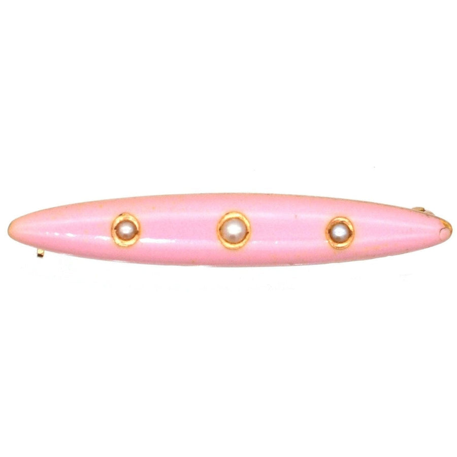American Edwardian 14ct gold bar brooch, pink enamel with three split pearls, ideal christening gift for baby girls.