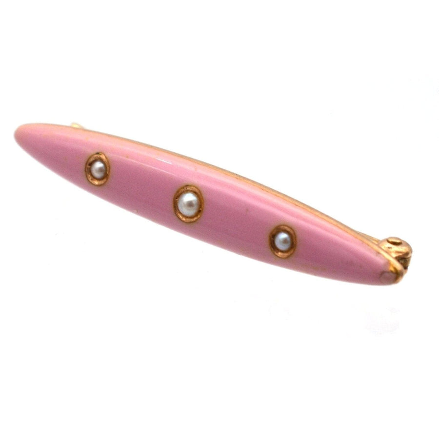 American Edwardian 14ct gold bar brooch with pink enamel and three split pearls, a perfect christening gift for baby girls.
