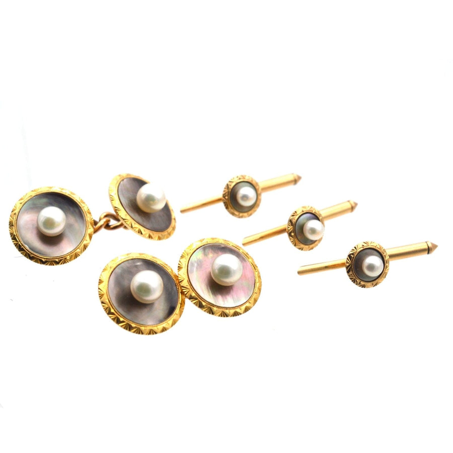 Art Deco 14ct gold dress set with black mother of pearl and diamond cufflinks and studs, exquisite gift option.