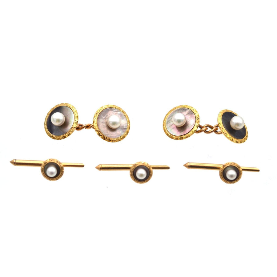 Art Deco 14ct gold dress set with black mother of pearl cufflinks and diamond-studded studs, elegant gift idea.