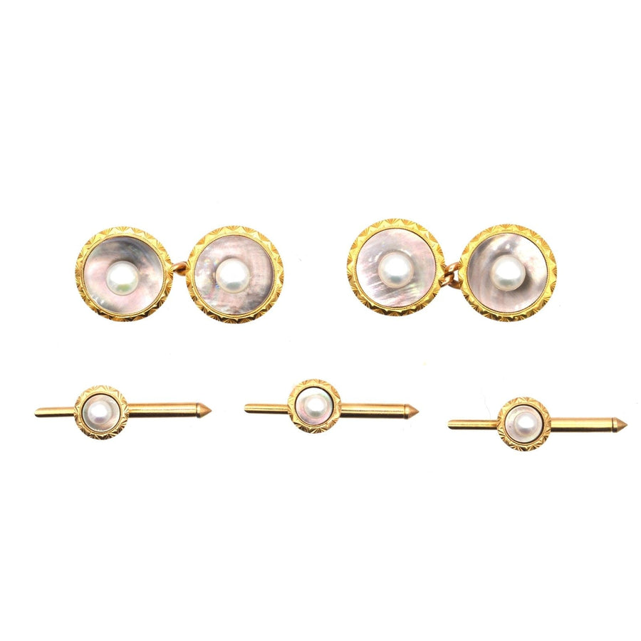 Art Deco 14ct gold dress set with black mother of pearl and diamond cufflinks and studs, ideal gift option.