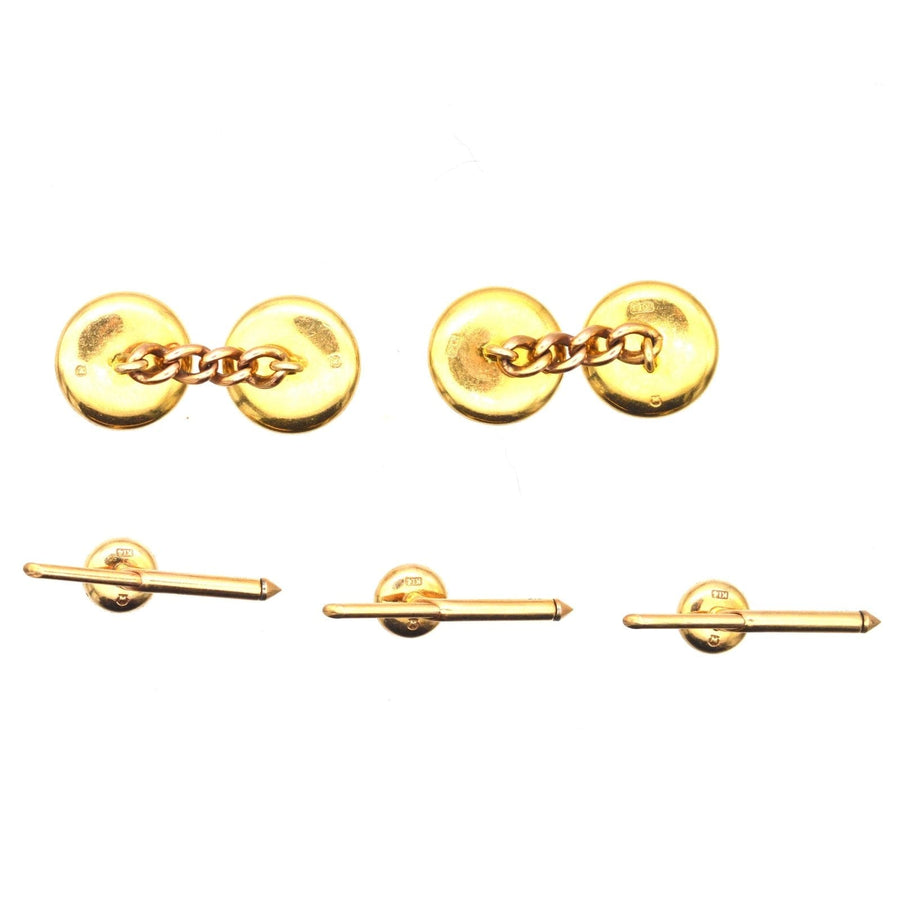 Art Deco 14ct gold cufflinks and studs set, featuring elegant design with mother of pearl accents.