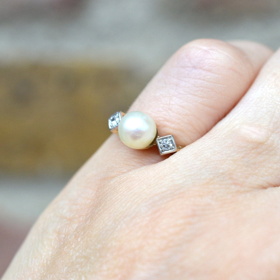 Art Deco 14ct Gold, Cultured Pearl & Diamond Ring | Parkin and Gerrish | Antique & Vintage Jewellery