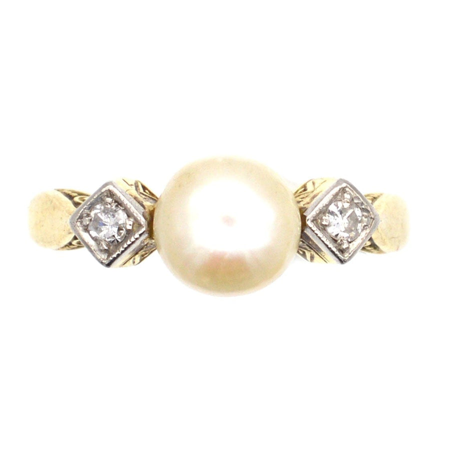 Art Deco 14ct Gold, Cultured Pearl & Diamond Ring | Parkin and Gerrish | Antique & Vintage Jewellery