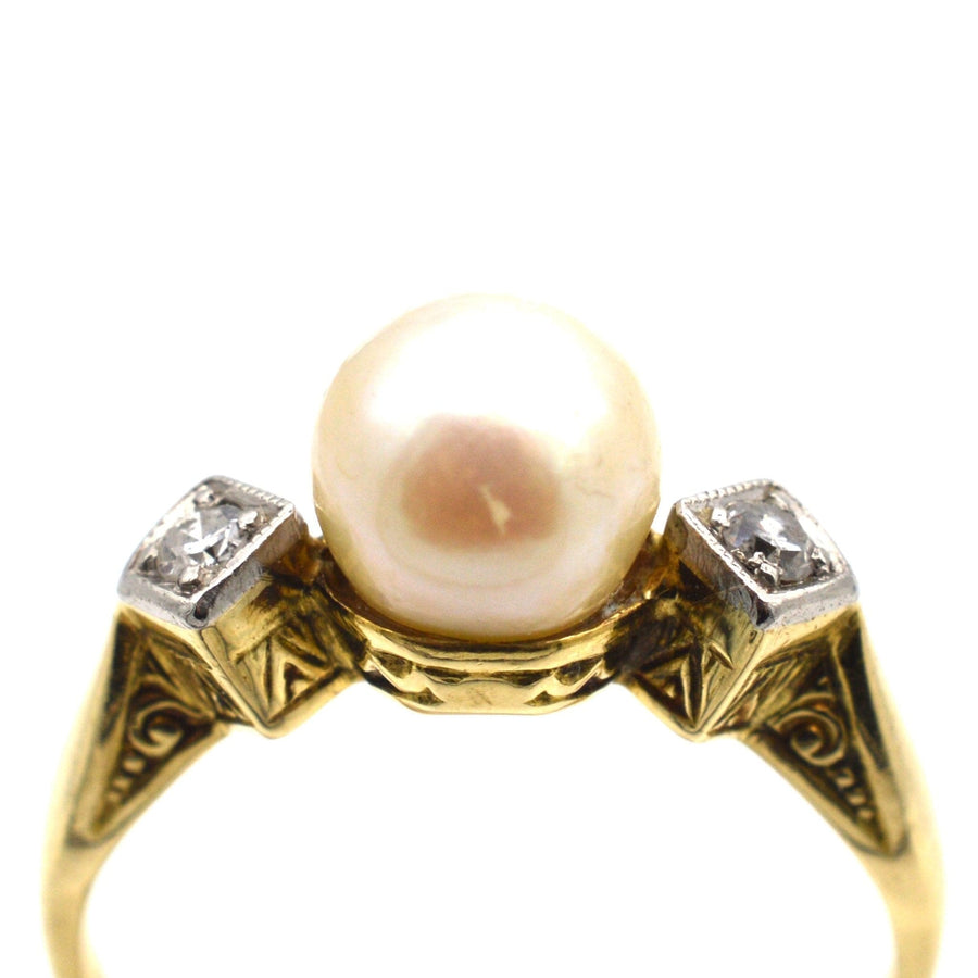 Art Deco 14ct Gold, Cultured Pearl & Diamond Ring | Parkin and Gerrish | Antique & Vintage Jewellery