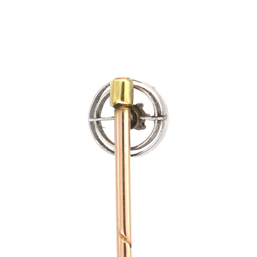 Art Deco 14ct white gold and diamond circle tie pin showcasing a sparkling diamond and platinum accents.
