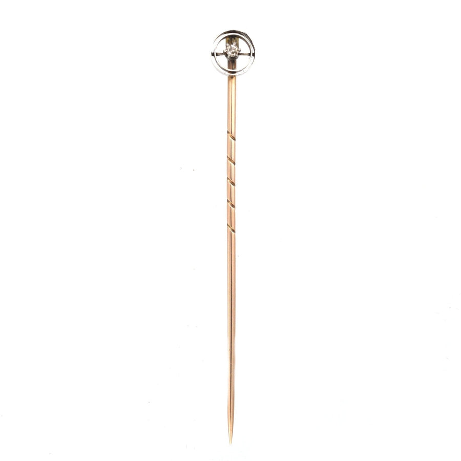 Art Deco 14ct white gold tie pin featuring a sparkling diamond and platinum circlest, perfect for stylish silk ties.