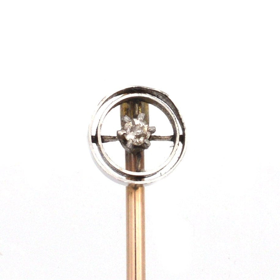 Art Deco 14ct white gold tie pin featuring a diamond in a platinum circle design, perfect for colorful silk ties.