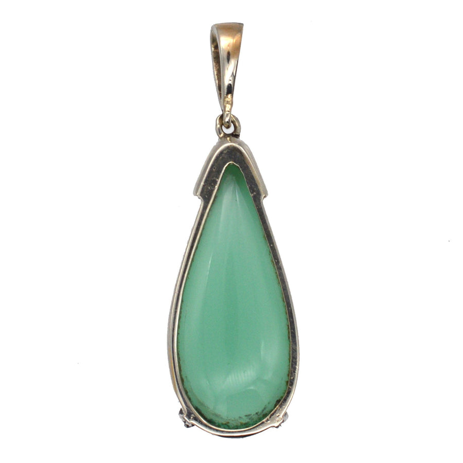 Elegant Art Deco 14ct white gold pendant featuring a teardrop chrysoprase gemstone and rose cut diamonds.