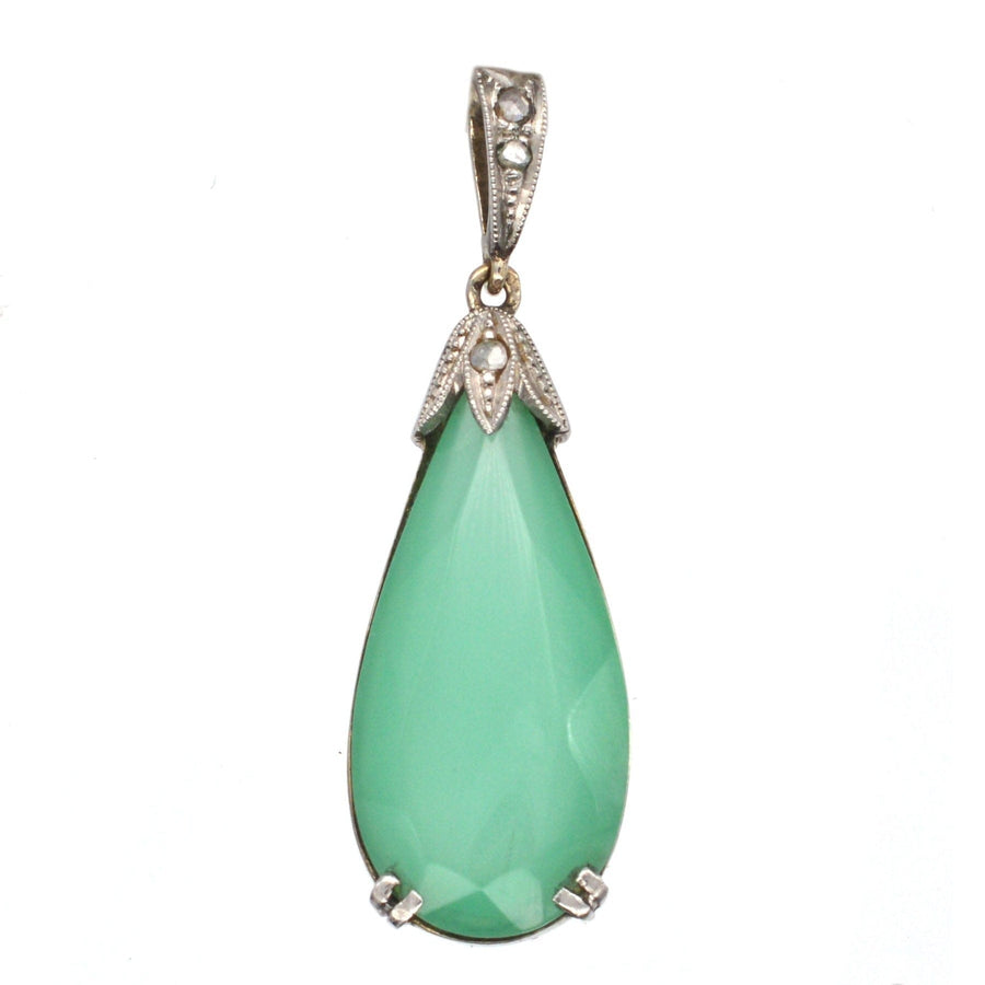 Art Deco 14ct white gold pendant featuring a teardrop chrysoprase and rose diamond cap from the 1920s.